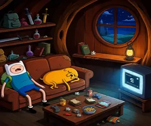 Finn y Jake durmiendo en la casa árbol