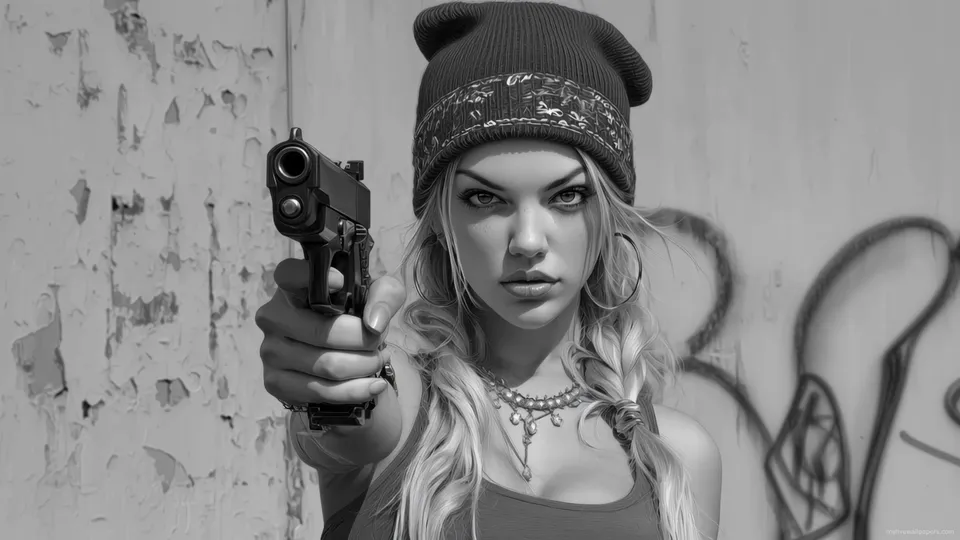 Mujer con arma en blanco y negro