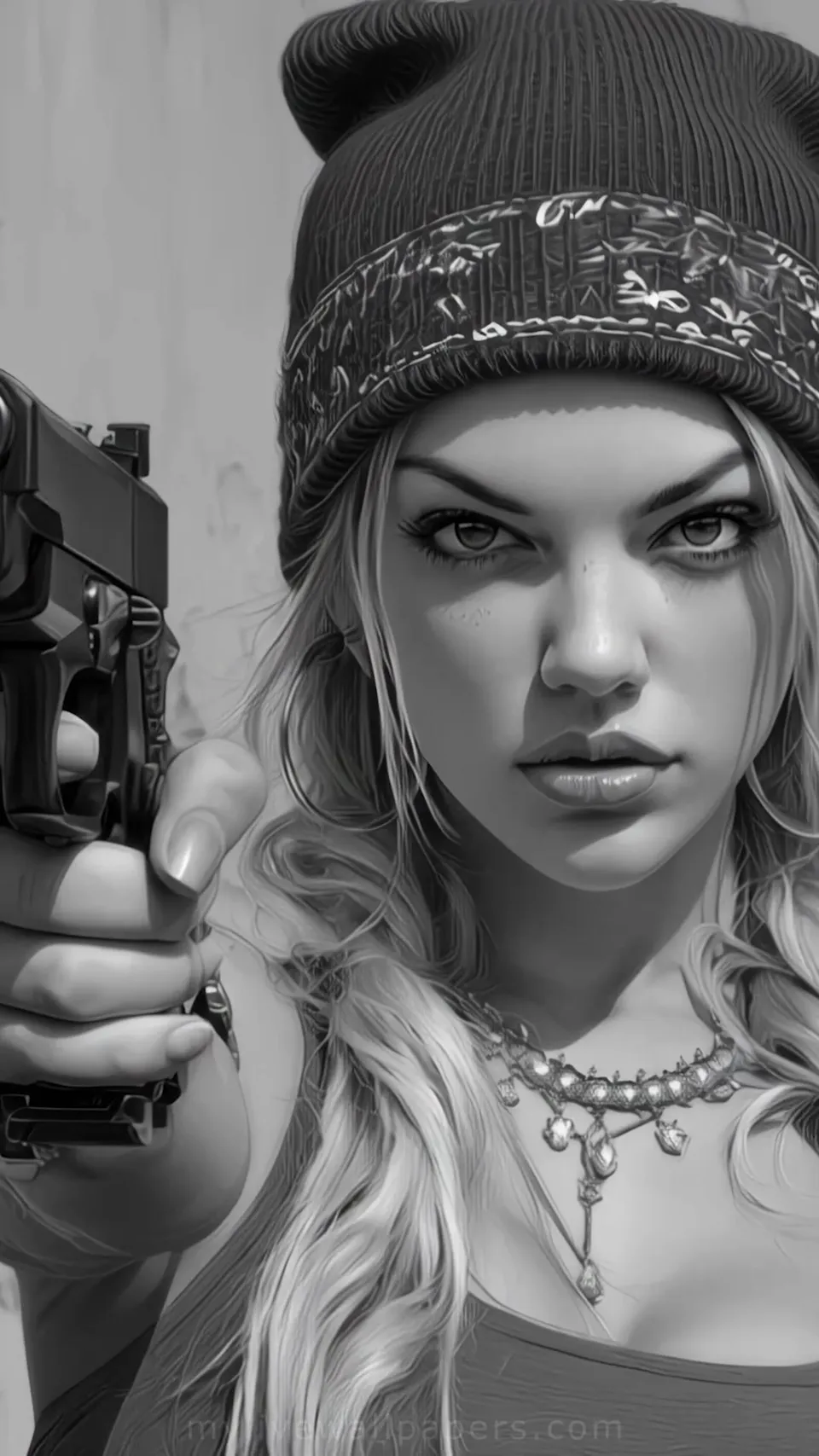 Mujer con arma en blanco y negro
