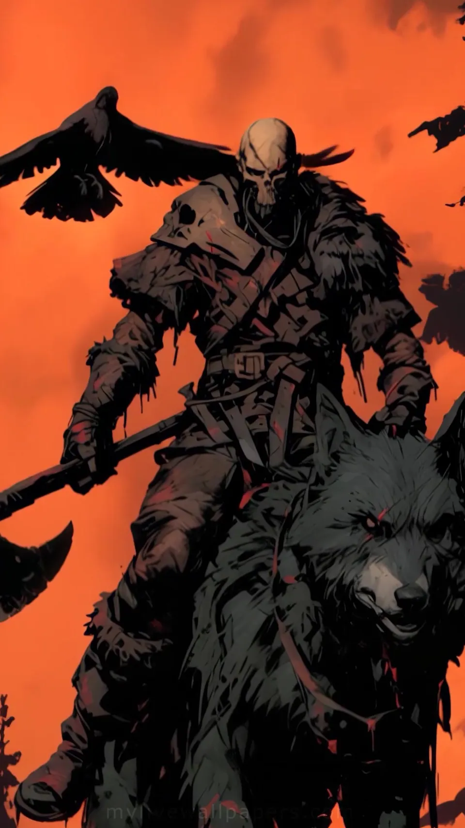 Guerrero bárbaro con lobo y cuervo