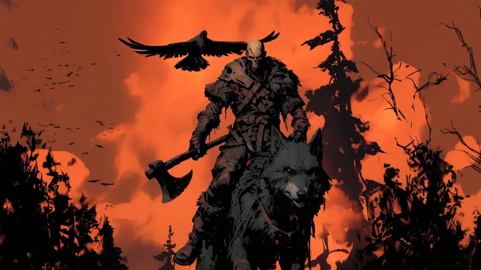 Guerrero bárbaro con lobo y cuervo