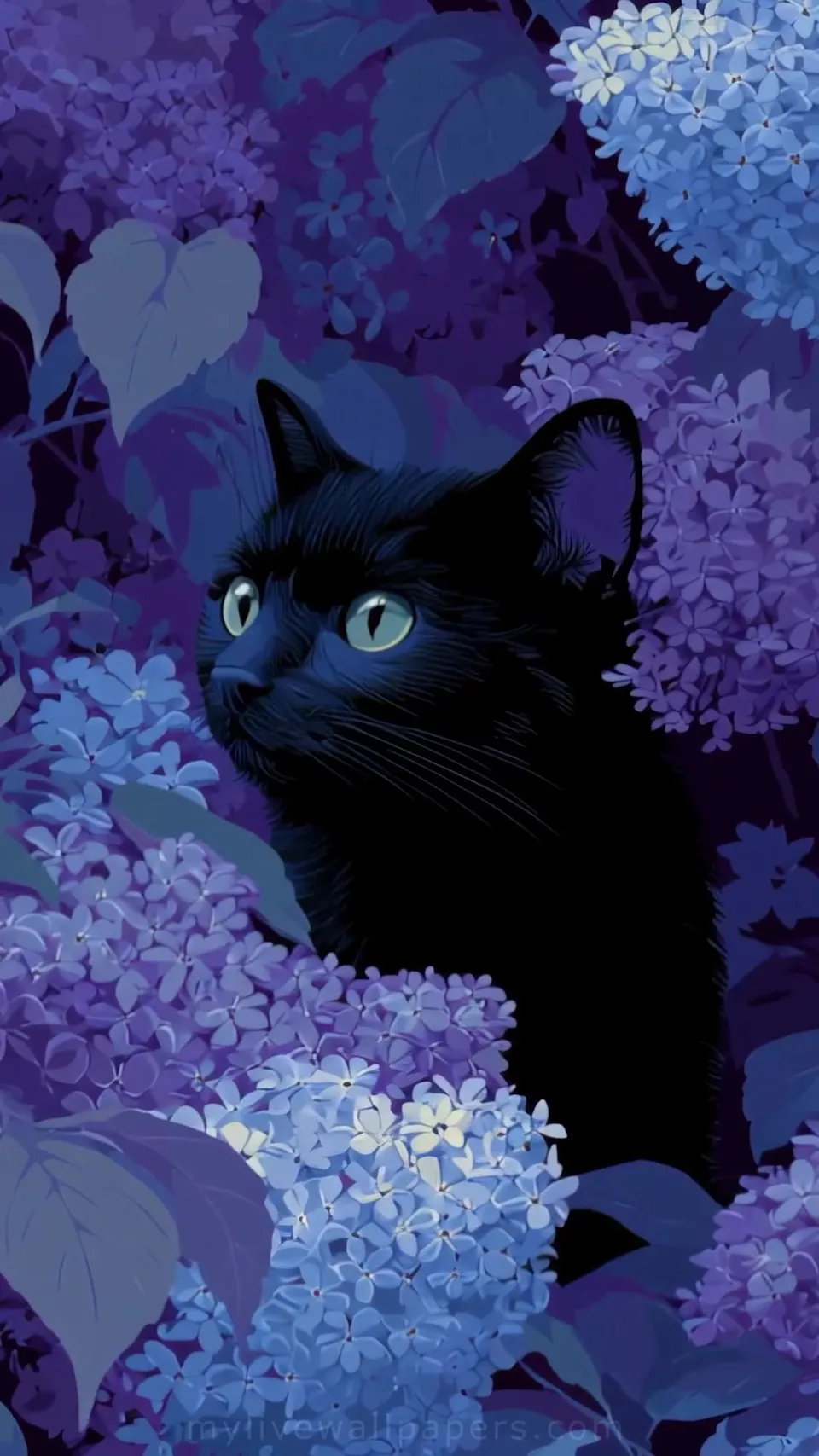 Black cat among lilacs