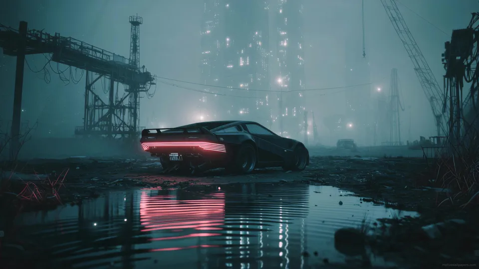 Vehículo Cyberpunk Oscuro en la Niebla