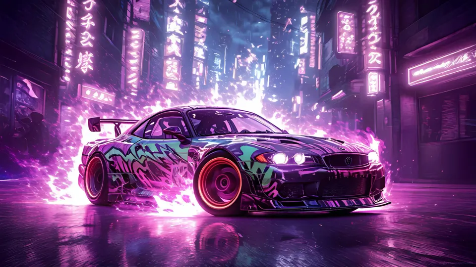 Sports car surrounded by neon fire