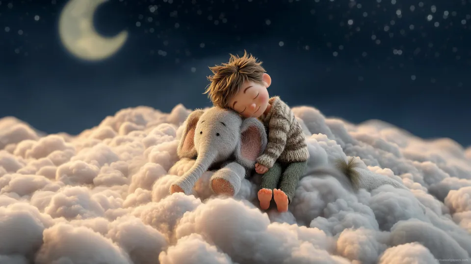 Niño y elefante de peluche durmiendo en las nubes