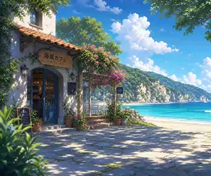 Café junto a la playa con estilo de anime