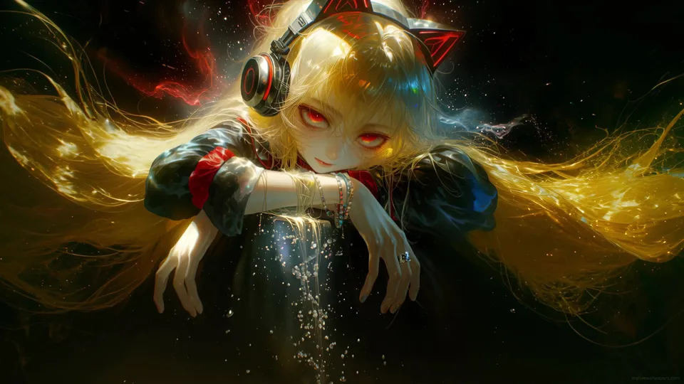 Chica con auriculares de gato y mirada intensa