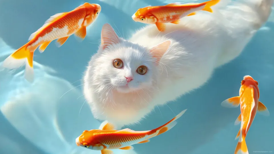 Gato blanco rodeado de peces dorados
