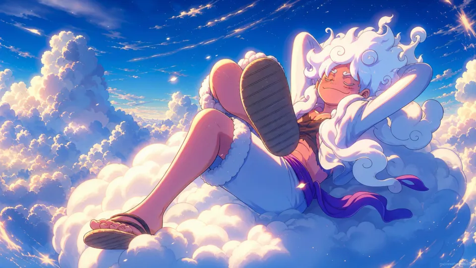 Luffy Gear 5 relajándose en el cielo