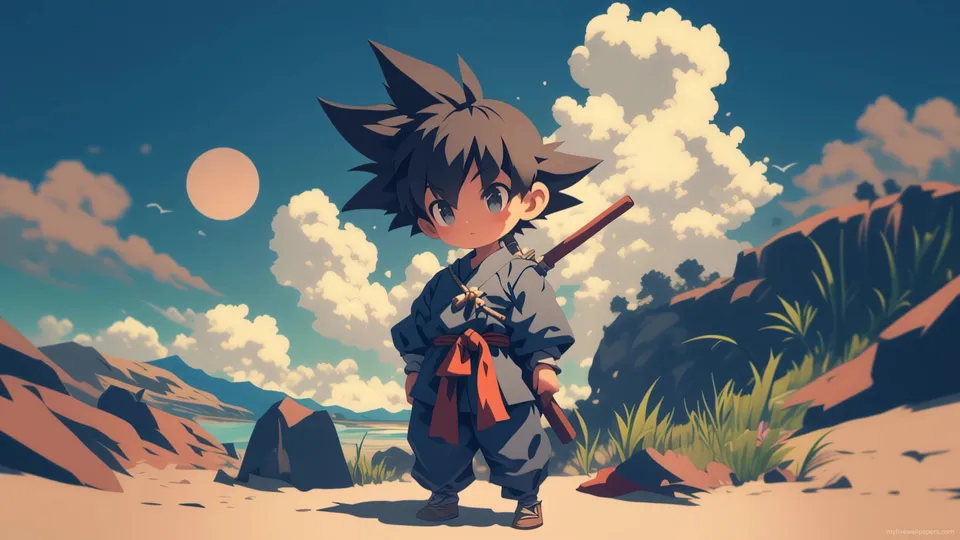 Joven Goku con bastón bajo el sol