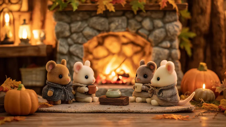 Cozy Mice by the Fireplace