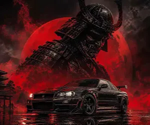 Nissan Skyline GTR R34 with Samurai Warrior and Red Moon