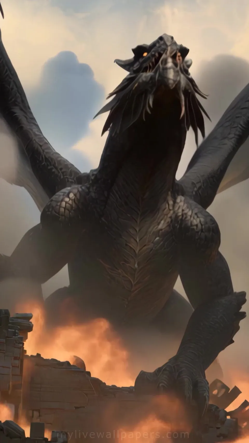 Dragón sobre ruinas humeantes