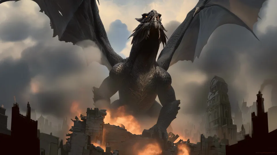 Dragón sobre ruinas humeantes