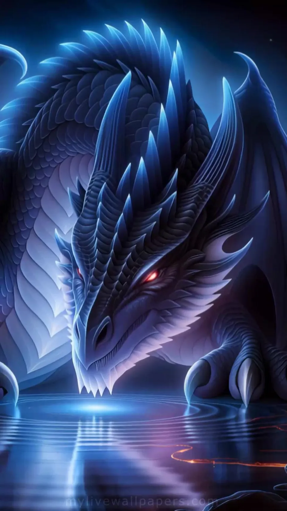 Dragón azul junto al agua
