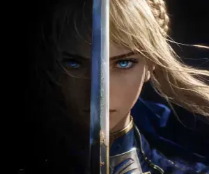 Guerrera con Espada y Ojos Azules