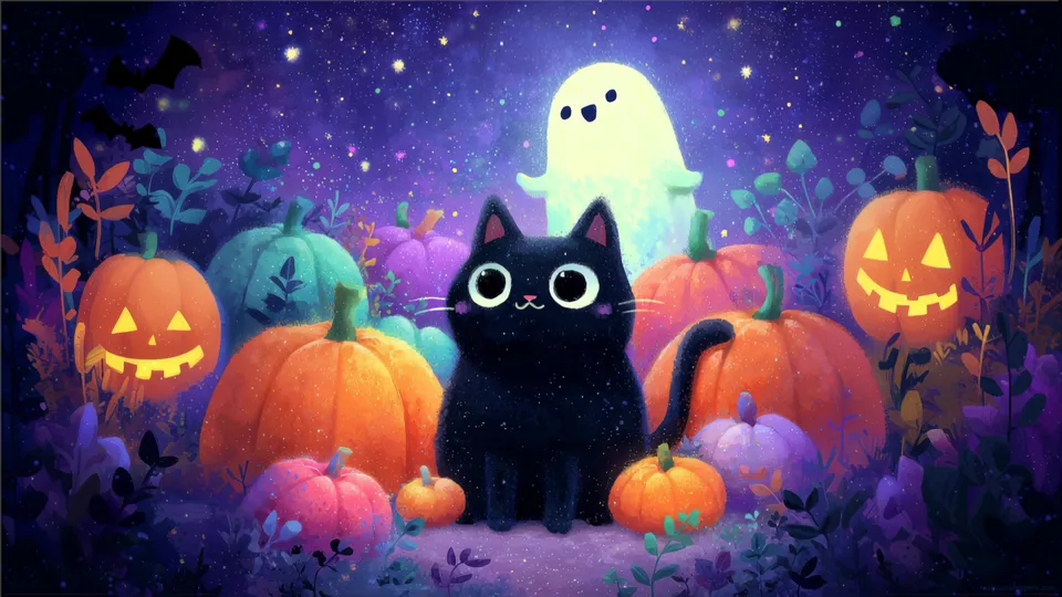 Gato negro y fantasma entre calabazas