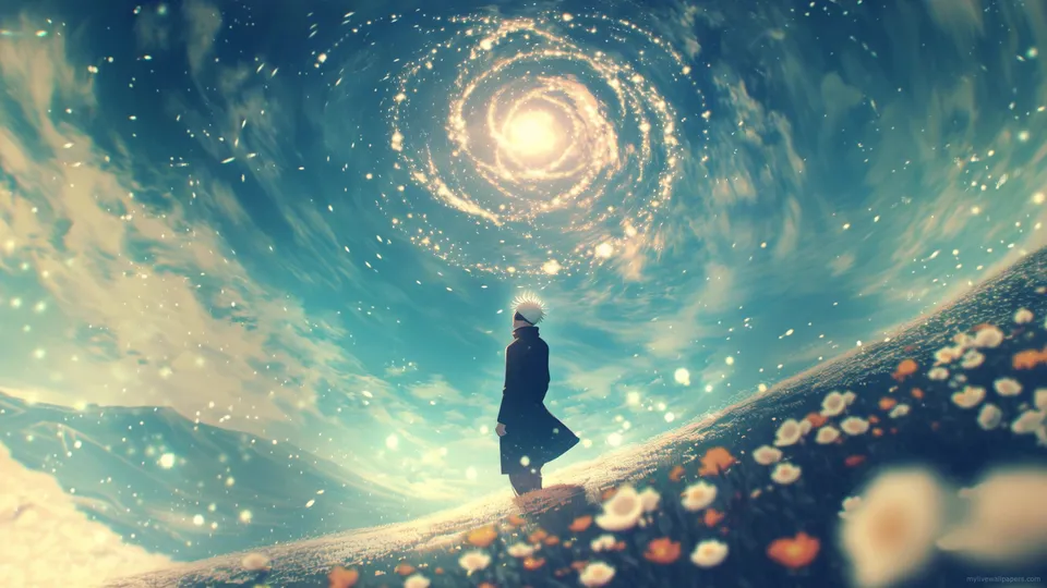 Satoru Gojo en el campo de flores bajo la galaxia