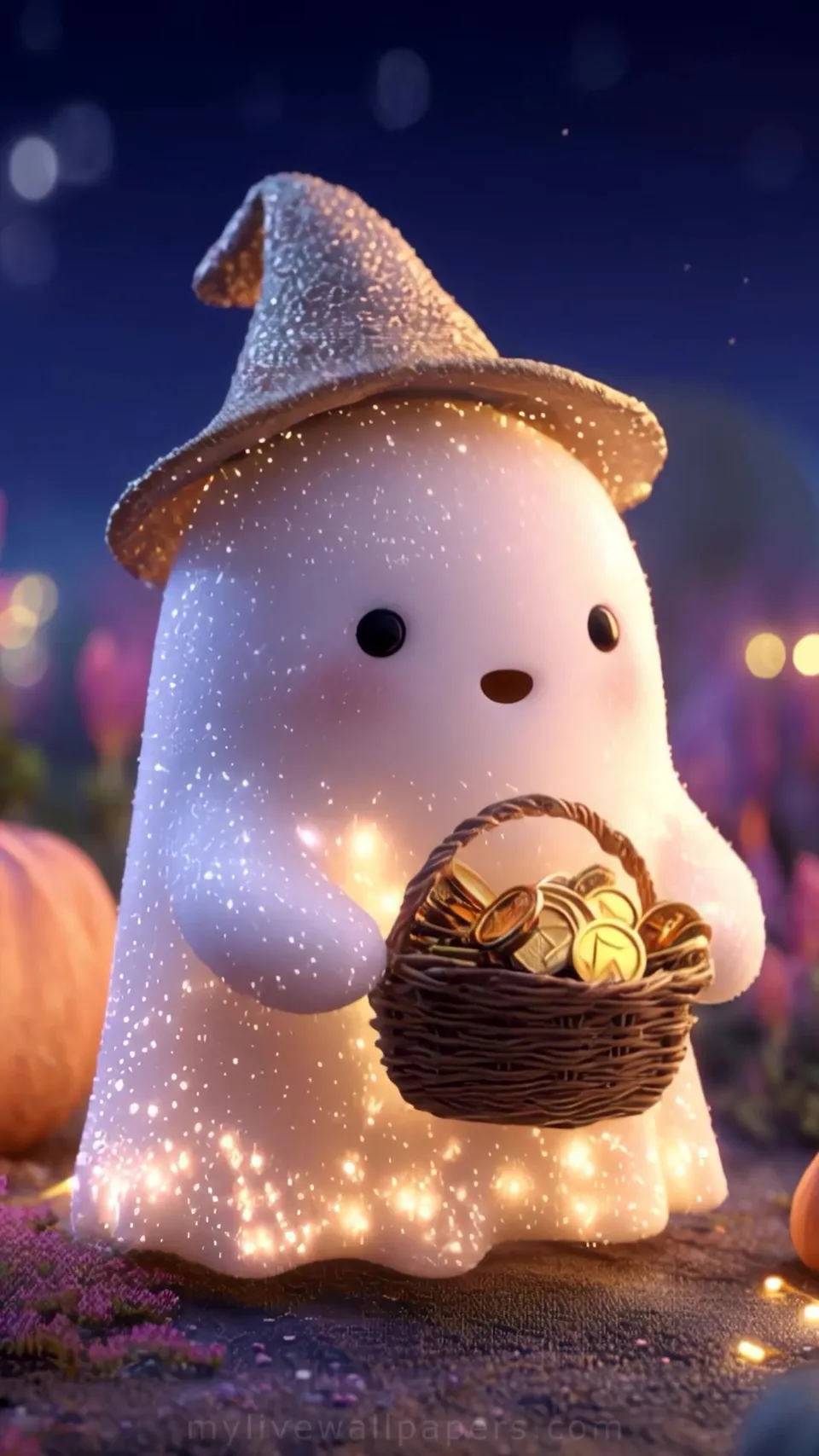 Fantasma tierno con sombrero de bruja y calabazas
