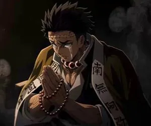 Gyomei Himejima llorando con cuentas de oración