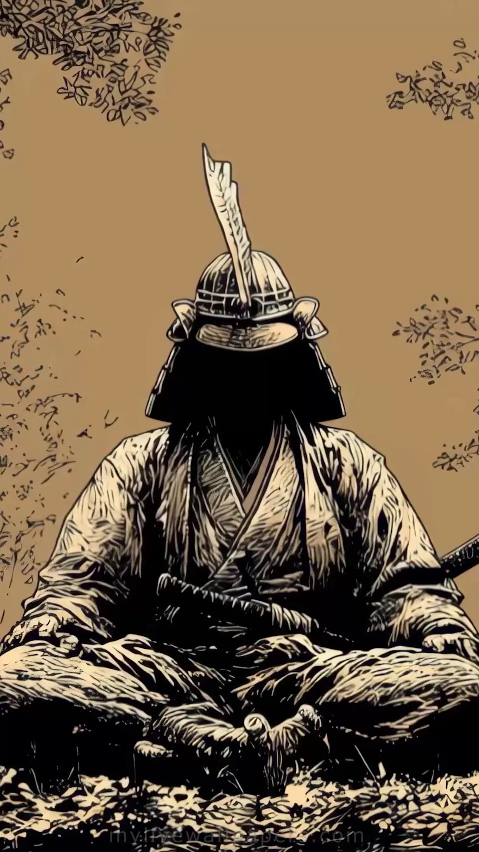 Samurái solitario meditando en el bosque