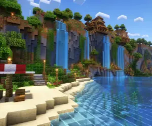 Paisaje de Cascadas y Playa en Minecraft