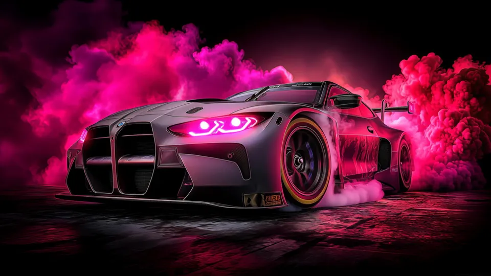 Coche deportivo con humo rosa neón