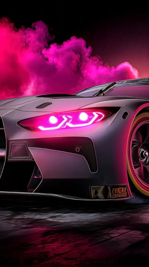 Coche deportivo con humo rosa neón