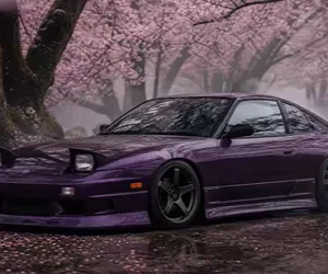 Nissan 180SX Morado bajo Cerezos en Flor