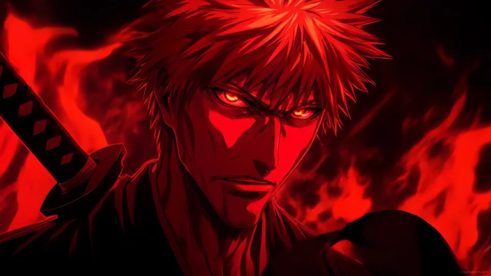 Ichigo Kurosaki entre llamas rojas