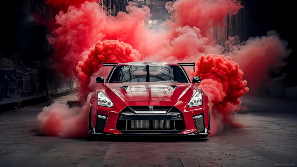 Coche deportivo rojo con humo rojo