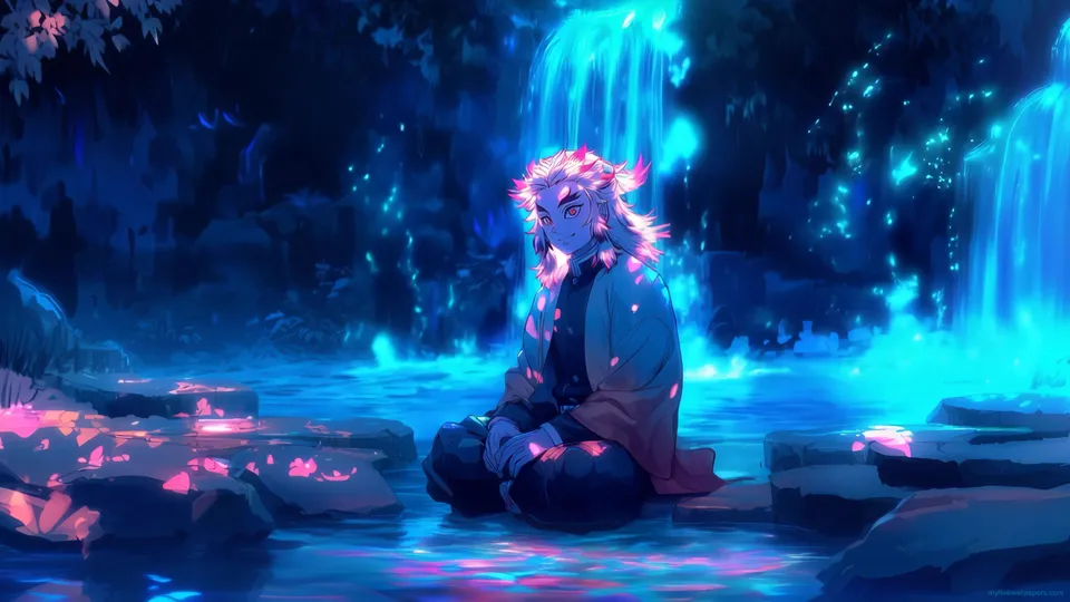 Rengoku junto a la cascada nocturna