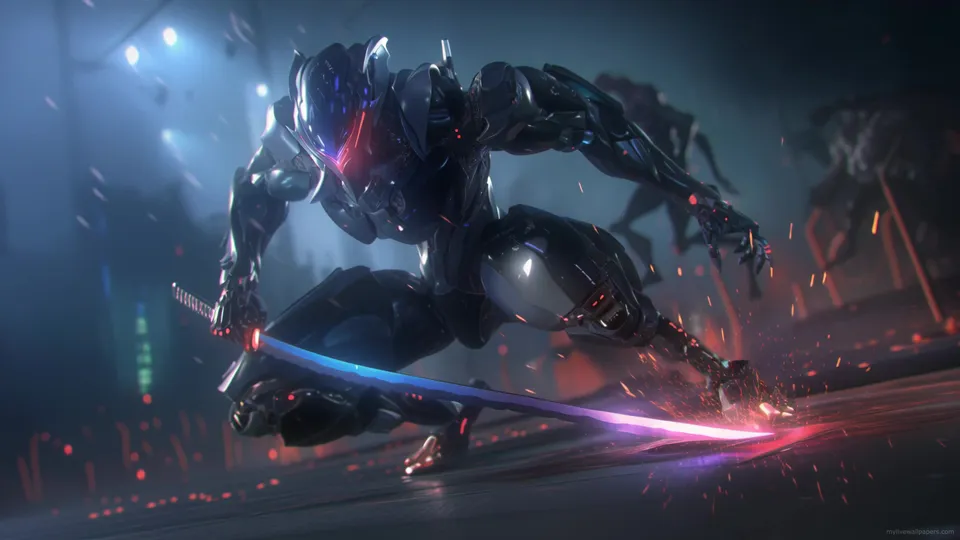 Cybernetic Samurai with Glowing Sword