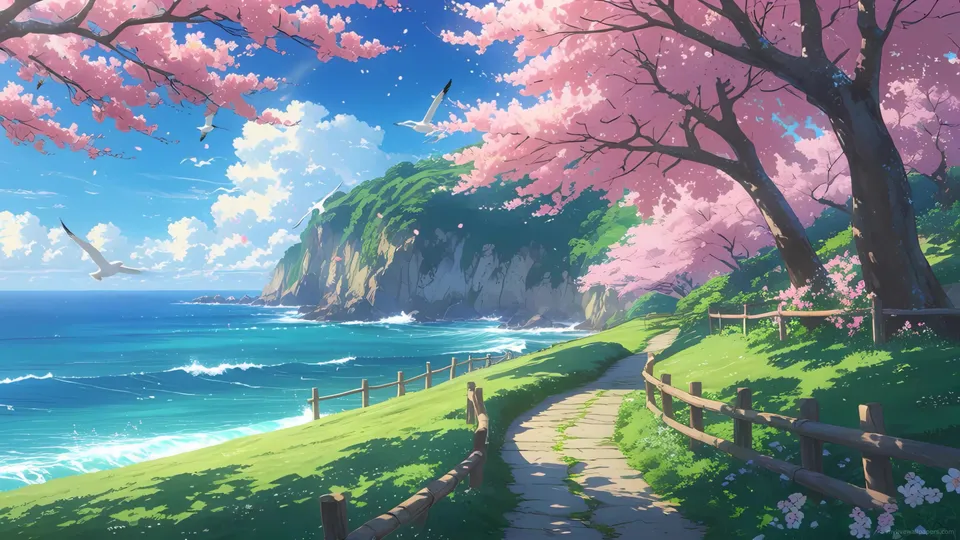 Cherry Blossom Trees by the Beach