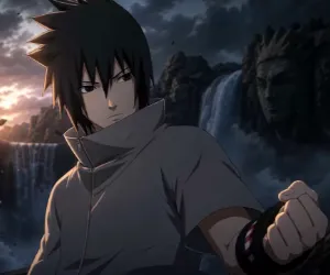 Sasuke Uchiha junto a la cascada del Valle del Fin
