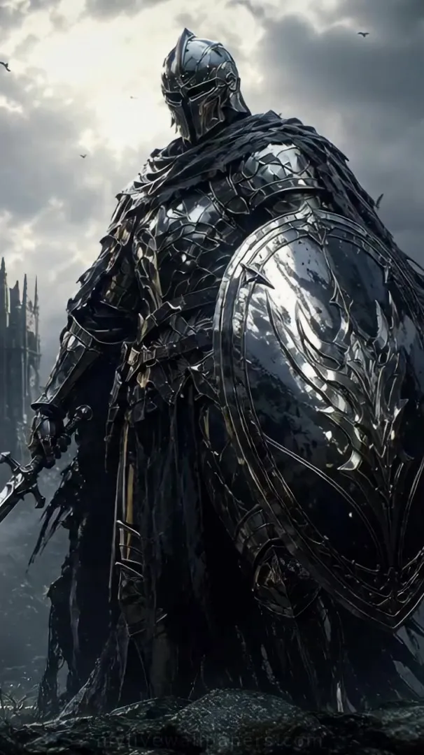 Silver Knight in Front of a Gothic Fortress