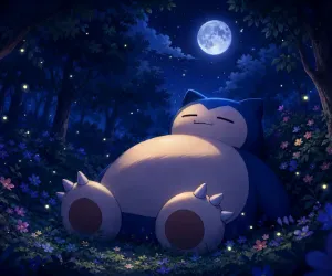 Snorlax durmiendo bajo la luz de la luna en el bosque