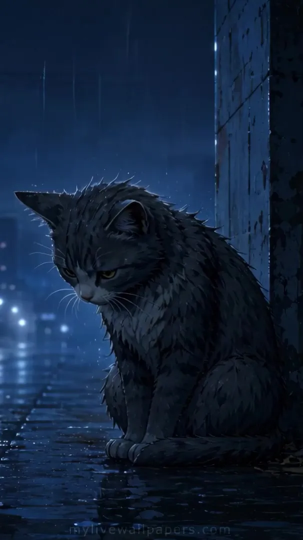 Gato callejero en la lluvia