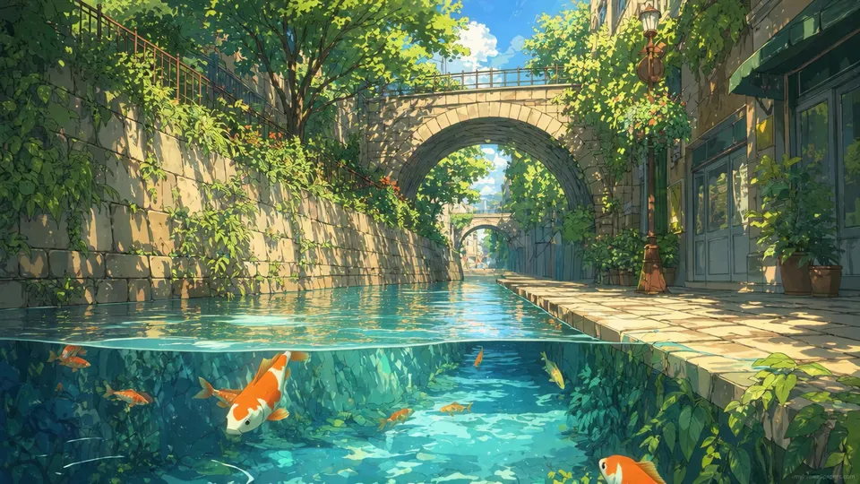 Canal urbano con peces koi
