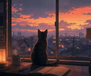 Gato contemplando la lluvia al atardecer