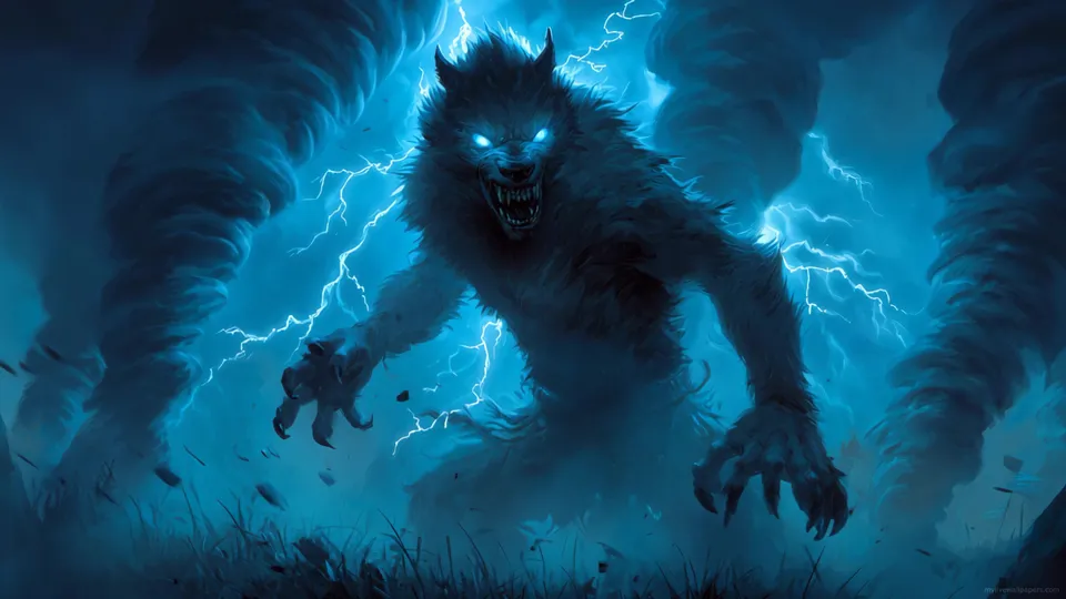 Hombre lobo bajo la tormenta eléctrica