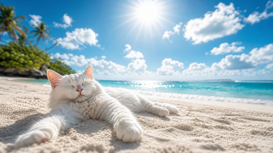 Gato Blanco en la Playa