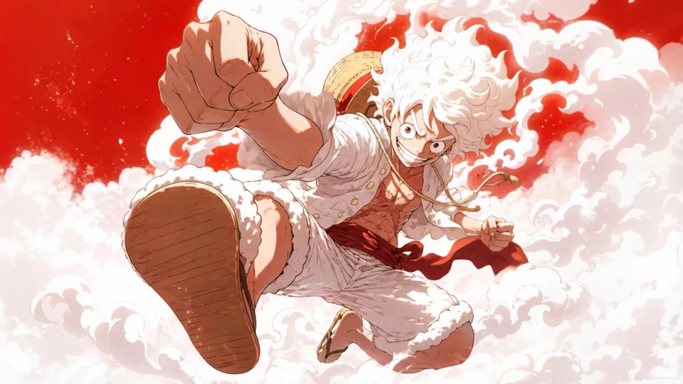 Luffy Gear 5 entre nubes blancas