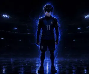 Yoichi Isagi con aura azul en estadio