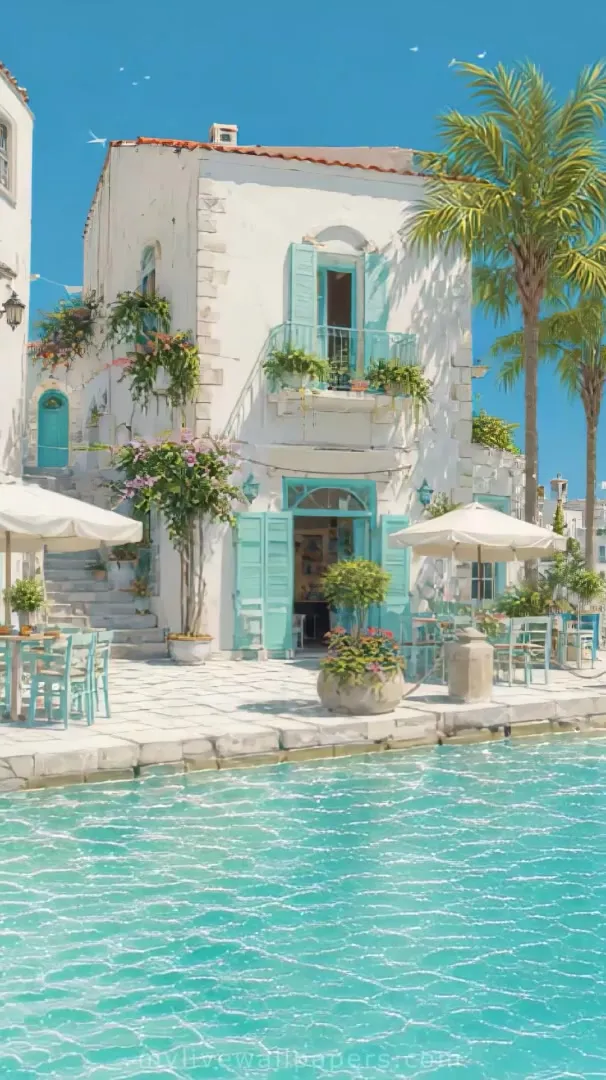 Casas junto al agua cristalina